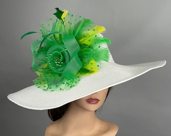 Sale Off White Green Yello Wedding Kentucky Derby Wedding Cocktail Woman Bride Hat Barmitsva Party Church Hat