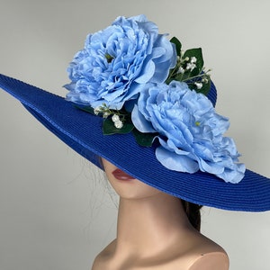 SALE Woman Blue Hat Party Tea Kentucky Derby Hat Wedding Cocktail Hat Wide Brim Flowers zdjęcie 6
