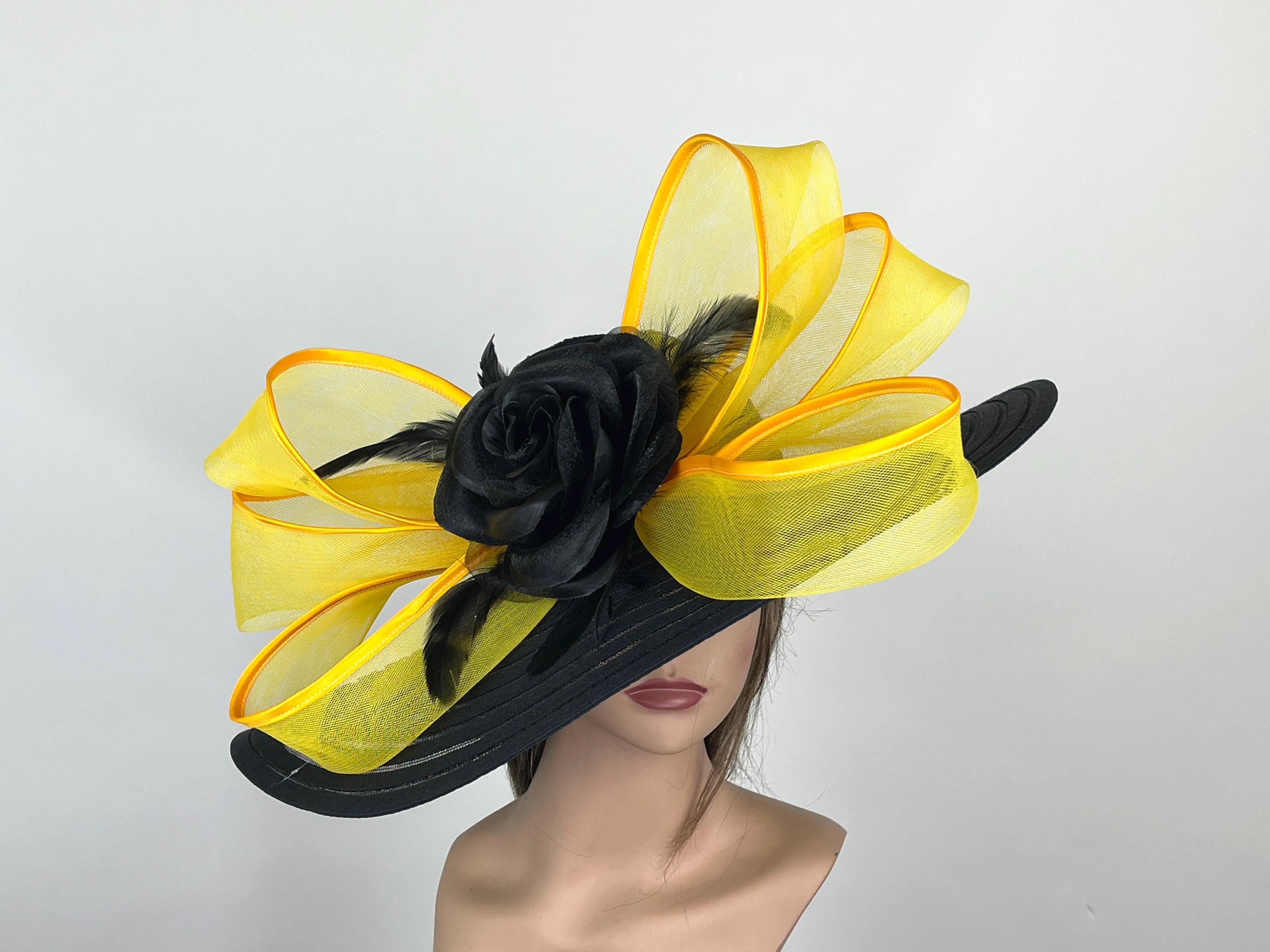 Vintage Cocktail/Derby hat black and gold with a yellow tulle accent Derby Black Vintage Hats for Women for sale | eBay main image 4