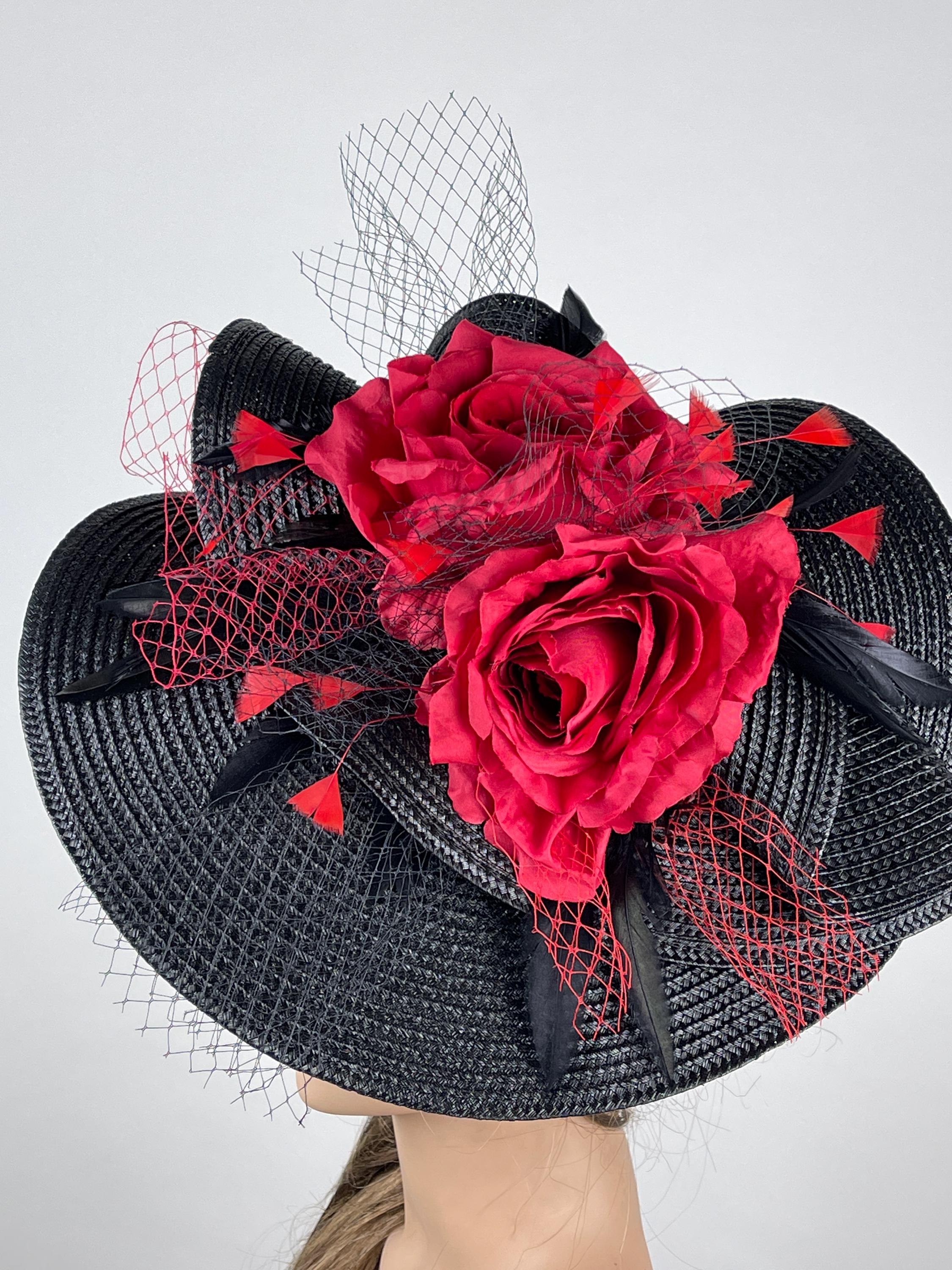 Red Rose Fascinator w Black Loop Accent KY Derby Ready Church Tea Ascot Headwear Black Kentucky Derby Hatinator Red Rose Flower Fascinator  main image 2