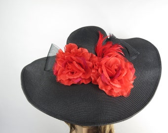 SALE Oversize Black Red Wedding  Kentucky Derby Wedding Tea Hat Cocktail Hat Wide Brim