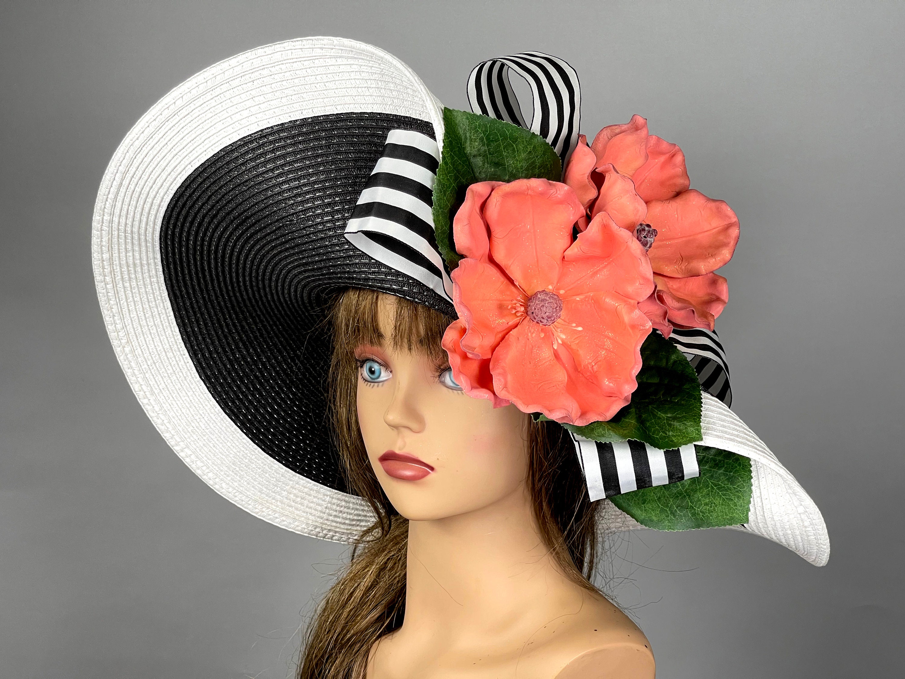 Vtg Arlin Black White woven wide brim Women Hat derby tea party cocktail party Wide Brim Derby Hat Wedding Hat Black and White Hat Audrey  main image 2