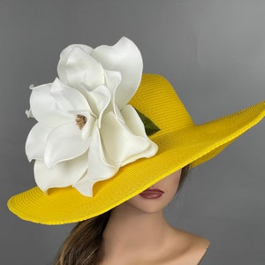 SALE Woman Yellow White Hat Party Kentucky Derby Hat Tea Hat Wedding Cocktail Party Hat Church Hat Wide Brim