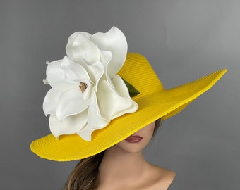 VERKOOP vrouw geel witte hoed partij Kentucky Derby hoed thee hoed bruiloft cocktail party hoed kerk hoed brede rand