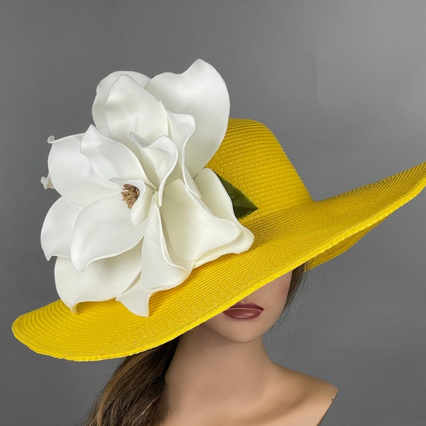 VENTE femme jaune blanc chapeau fête Kentucky Derby chapeau chapeau de thé mariage cocktail chapeau église chapeau bord large
