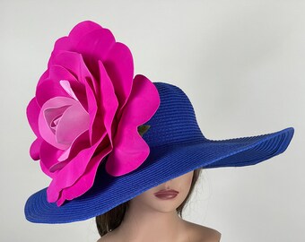 SALE Woman Blue Hot Pink Fuchsia Hat Party Tea Kentucky Derby Hat Wedding Cocktail Hat Wide Brim Flowers