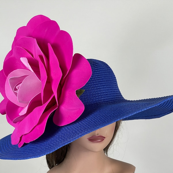 SALE Woman Blue Hot Pink Fuchsia Hat Party Tea Kentucky Derby Hat Wedding Cocktail Hat Wide Brim Flowers