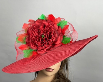 SALE Red Woman Party  Kentucky Derby Hat Tea Hat Wedding Accessory Cocktail Party Hat Church Hat Wide Brim