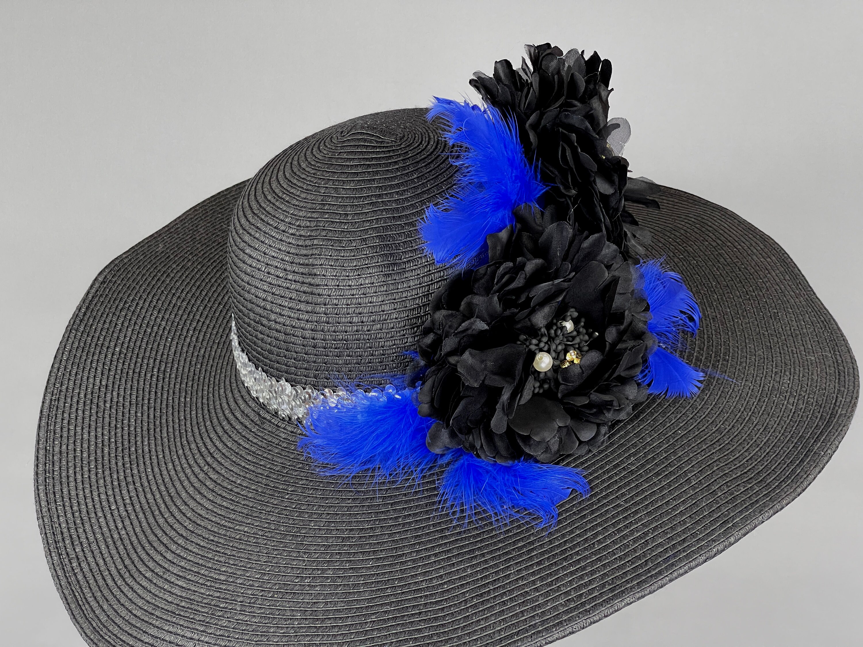 Black Derby Hat: Silver, Blue Flowers, Wide Brim Church  display picture 3