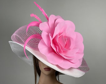 VENTA Blanco Derby Sombrero Mujer Fiesta Kentucky Derby Té Sombrero Boda Cóctel Fiesta Sombrero Iglesia Sombrero Ancho Ala