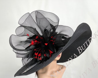 SALE Over Size 10"Black Red  Feathers Big Wedding  Kentucky Derby  Tea Hat Cocktail Summer Woman Hat Horse Racing