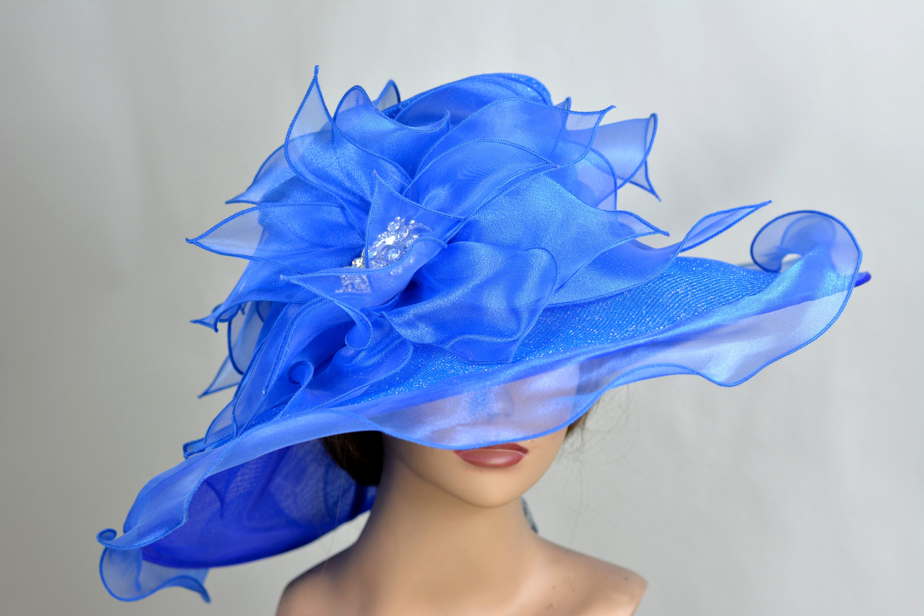 SALE Blue Organza Kentucky Derby Hat: Wide Brim Wedding Tea 
