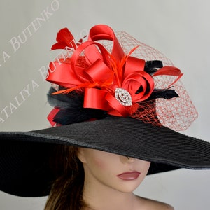 SALE Black Red Derby Woman  Kentucky Derby Horse Racing Hat Party Event Hat Tea Party Hat Wide Brim