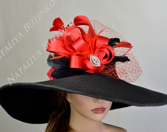 SALE Black Red Derby Woman  Kentucky Derby Horse Racing Hat Party Event Hat Tea Party Hat Wide Brim