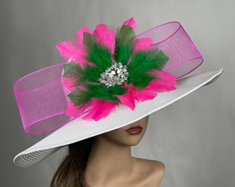 SALE White Green Fuchsia Woman Party  Kentucky Derby  Tea Hat Wedding  Cocktail Party Hat Church Hat Wide Brim