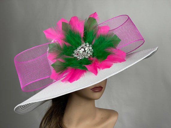 SALE Wide Brim Kentucky Derby Hat: Fuchsia, Green Feather  display picture 3