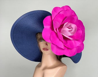 SALE Navy Blue Hot Pink Party Tea Kentucky Derby Hat Wedding Cocktail Hat Wide Brim