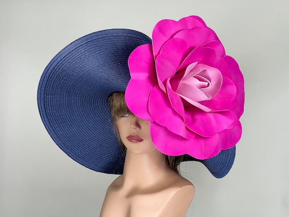 Navy Blue Wide Brim Derby Hat: Hot Pink Floral Wedding Tea  display picture 2