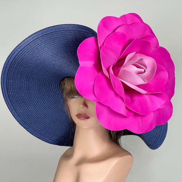 VENTE chapeau bleu marine rose fuchsia party tea Kentucky Derby chapeau mariage chapeau de cocktail large bord