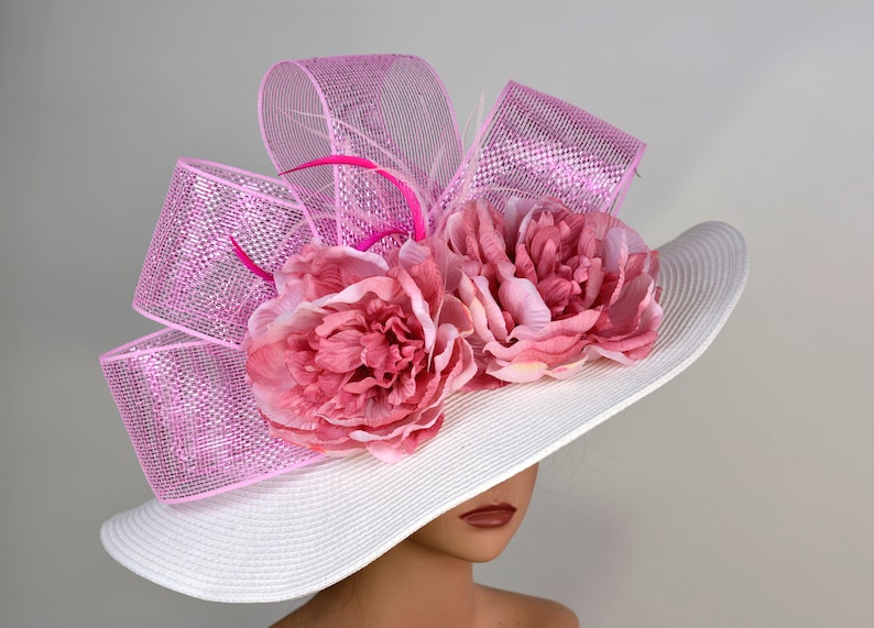 Off White Big Pink Bow Wedding Hat Kentucky Derby Hat Fascinator Wedding Accessory Cocktail Hat