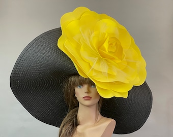SALE Over Size 10"Black Yellow Big Wedding  Kentucky Derby Tea Hat Cocktail Summer Woman Hat Horse Racing
