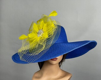 SALE Blue Yellow Party Tea Hat Kentucky Derby Hat Wedding Cocktail Hat Wide Brim