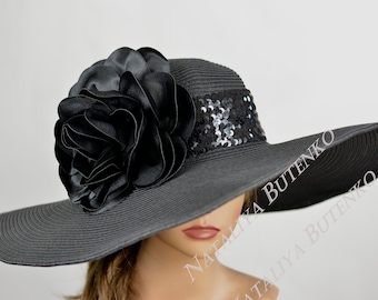 SALE Black Derby Woman  Kentucky Derby Horse Racing  Party Event Hat Tea Party Hat Wide Brim