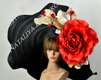 SALE Huge Black Red Wedding Kentucky Derby Wedding Cocktail  Woman Over Size  Party Church Hat Woman Hat Party Wide Brim