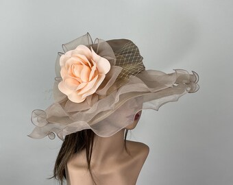 Dafunna Donne Cappello Tesa Larga Pieghevole Organza Cappello Di Estate Floreale Elegante Pieghevole Matrimonio Chiesa Derby