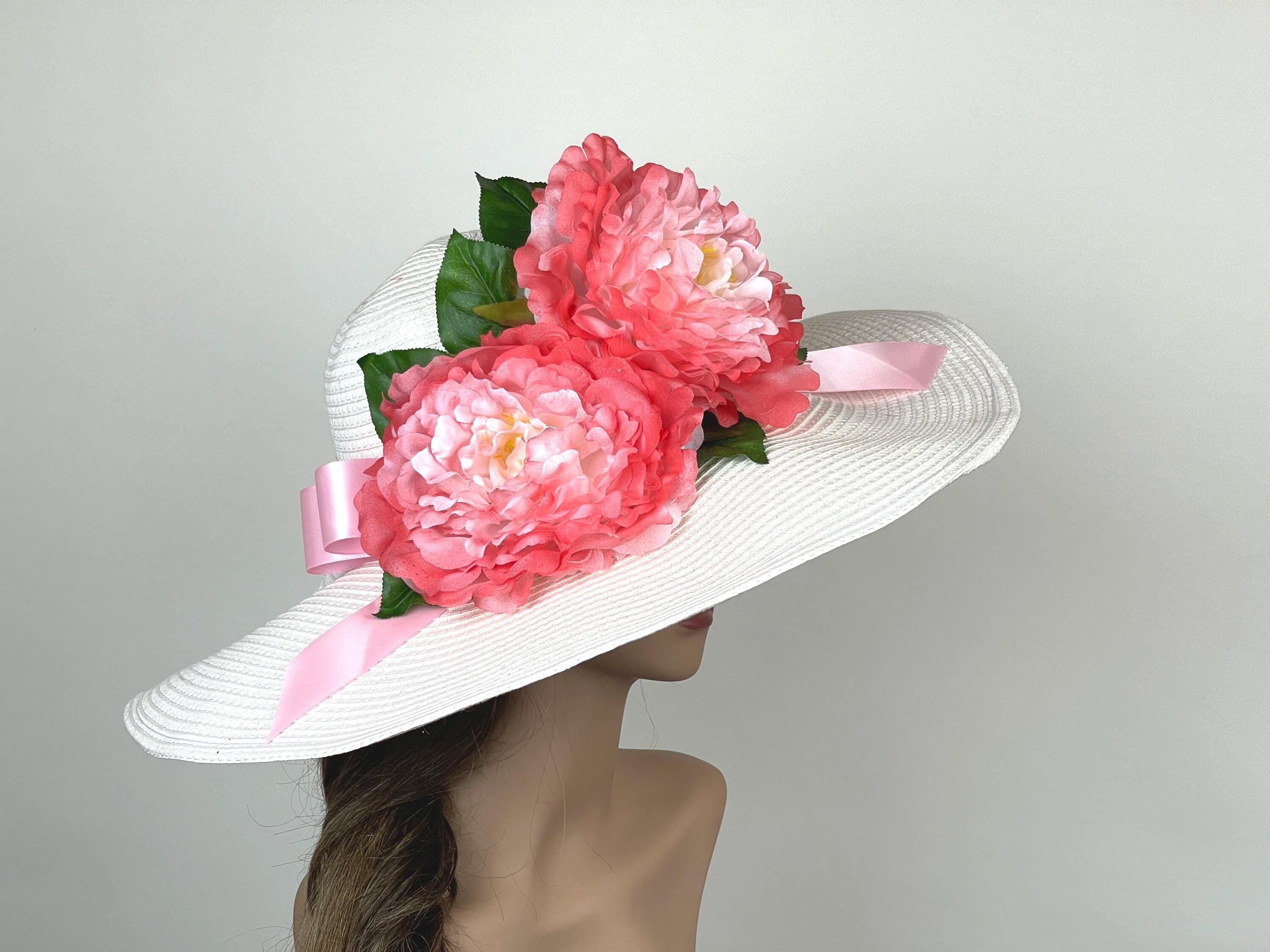 Off White Kentucky Derby Hat: Pink Floral Wide Brim Wedding 