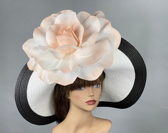 VENTA Blanco Negro Tiras Mujer Sombrero Fiesta Kentucky Derby Té Sombrero Boda Cóctel Fiesta Sombrero Iglesia Sombrero Ala Ancha