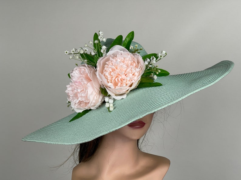 Sale Pale Green Pink Peonies Wedding Kentucky Derby Wedding Cocktail Woman Bride Hat Barmitsva Party Church Hat image 2