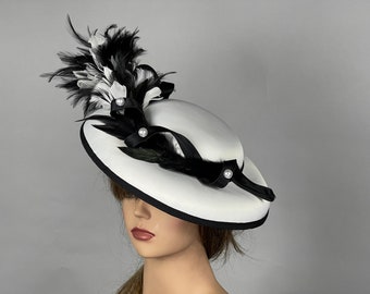 SALE White Black Wedding Kentucky Derby Bride Satin Hat Tea Party Hat Royal Hat Wedding Summer Hat Cocktail Hat