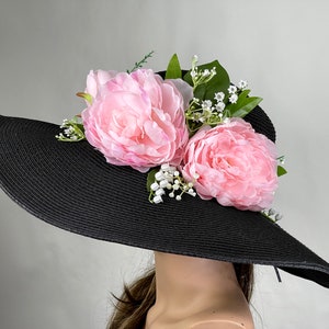 SALE Black Pink Peonies Lily of the Valley  Kentucky Derby Bridal Hat Tea Party Hat Royal Hat Wedding Summer Hat Cocktail Hat