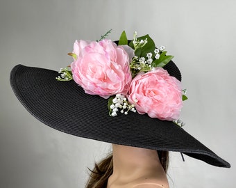 Schwarz Rosa Pfingstrosen Maiglöckchen Kentucky Derby Brauthut Tea Party Hut Royal Hut Hochzeitshut Sommerhut Cocktailhut