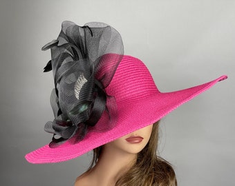 SALE Hot Pink Wedding Head Piece Kentucky Derby Hat Wedding  Pink Feather Cocktail Wide Brim