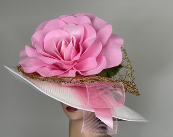 VENTA Off White Pink Gold Derby Mujer Kentucky Derby Horse Racing Party Evento Sombrero Tea Party Hat Wide Brim