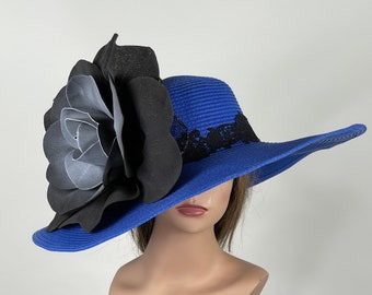 SALE Blue Hat Party Tea Kentucky Derby Hat Wedding Cocktail Hat Wide Brim Black Flower Rose