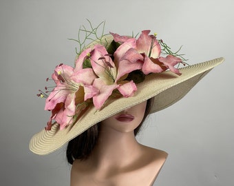 SALE Woman Hat Party Tea Kentucky Derby Hat Wedding Cocktail Hat Wide Brim Flowers