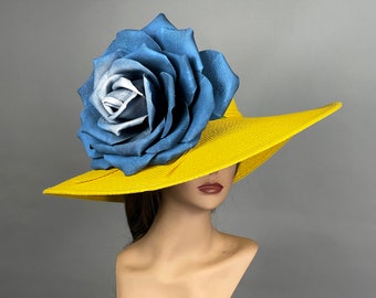 VENTE femme jaune bleu chapeau fête Kentucky Derby chapeau thé chapeau mariage Cocktail fête chapeau église chapeau large bord