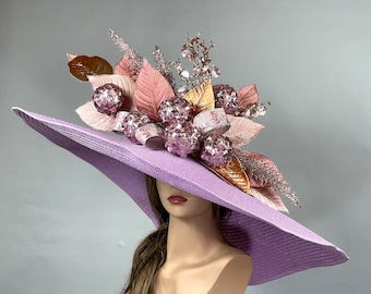 SALE Over Size 10" Brim Big Lavender Wedding  Kentucky Derby Hat Tea Hat Cocktail Summer Woman Hat Horse Racing Big Purple Hat