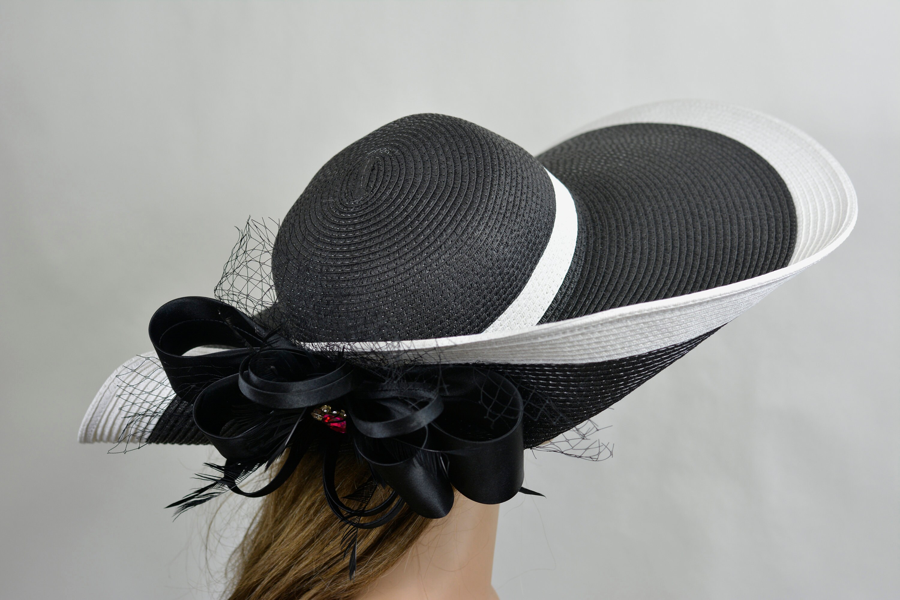 Vtg Arlin Black White woven wide brim Women Hat derby tea party cocktail party Black & White Kentucky Derby Hat: Wide Brim Tea Party Hat - Etsy main image 2