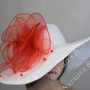 SALE Off White Red Derby Woman  Kentucky Derby Horse Racing  Party Event Hat Tea Party Hat Wide Brim