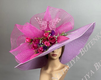 SALE Over Size 10" Brim Big  Wedding  Kentucky Derby Hat Tea Hat Cocktail Summer Woman Hat Horse Racing Big Purple Hat