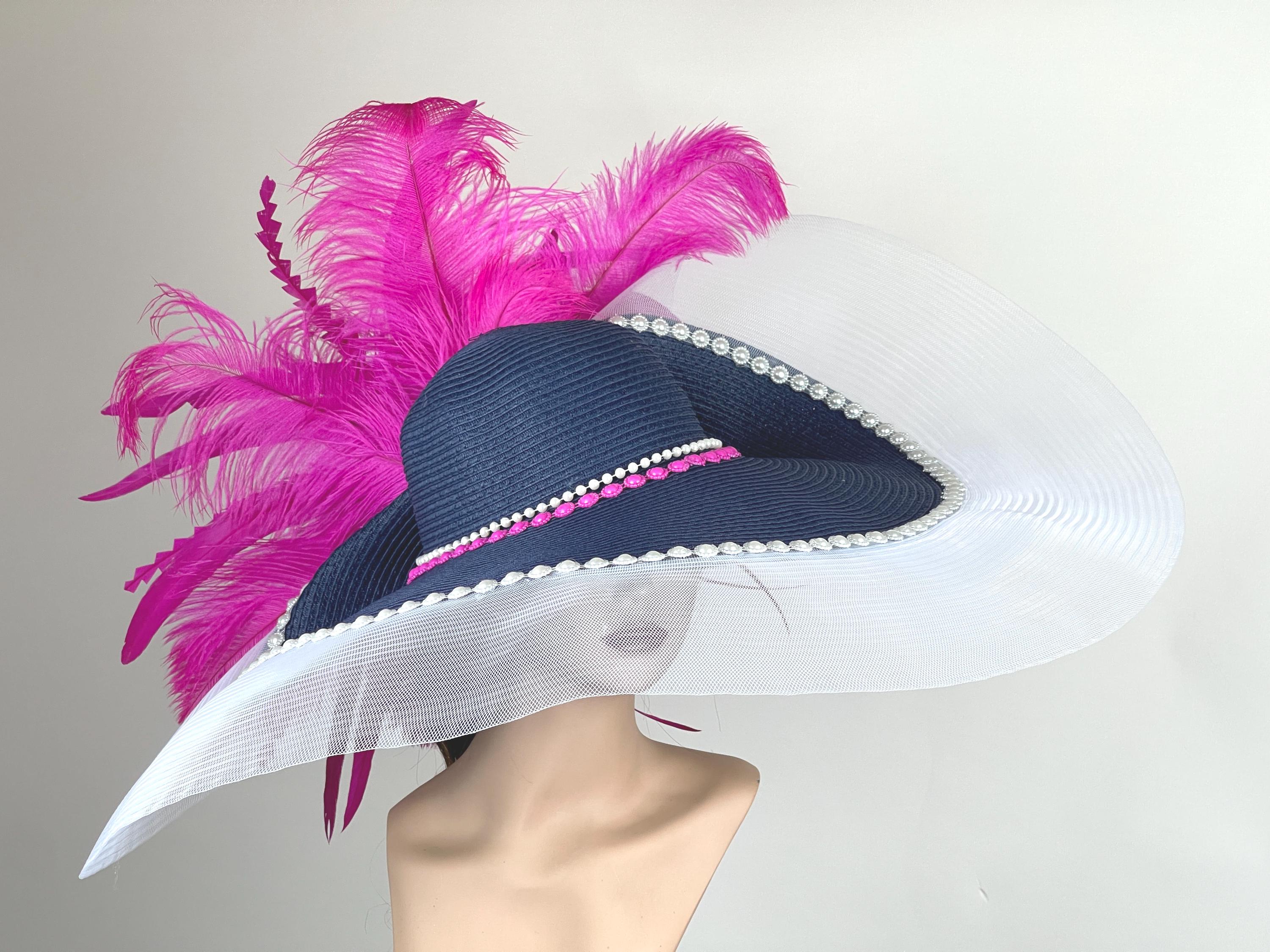 Oversized Navy Blue Kentucky Derby Hat: Pink Ostrich  display picture 2