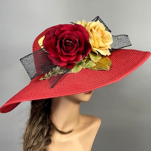 SALE Red Floppy Hat Woman Party Kentucky Derby Hat Tea Hat Wedding Accessory Cocktail Party Hat Church Hat Wide Brim