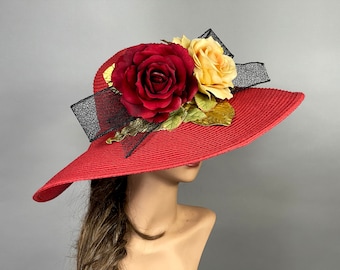 VENTE rouge disquette chapeau femme fête Kentucky Derby chapeau thé chapeau mariage accessoire Cocktail fête chapeau église chapeau large bord