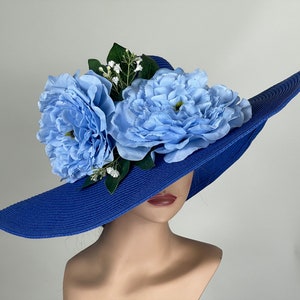 SALE Woman Blue Hat Party Tea Kentucky Derby Hat Wedding Cocktail Hat Wide Brim Flowers zdjęcie 7
