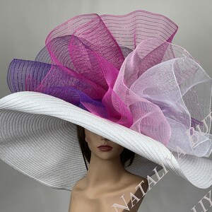 SALE Oversize 10&quot; White  Big Bow Wedding  Kentucky Derby Hat Tea Hat Cocktail Summer Woman Hat Horse Racing Wide Brim