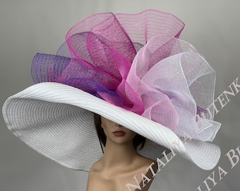 SALE Over Size 10" White  Big Bow Wedding  Kentucky Derby Hat Tea Hat Cocktail Summer Woman Hat Horse Racing Wide Brim